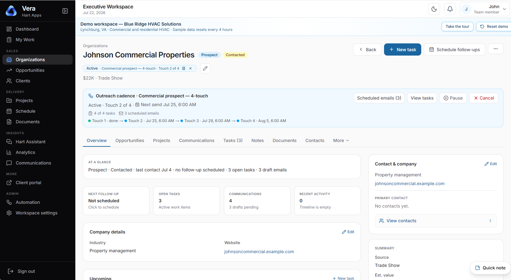 Vera organization view with outreach cadence and account overview