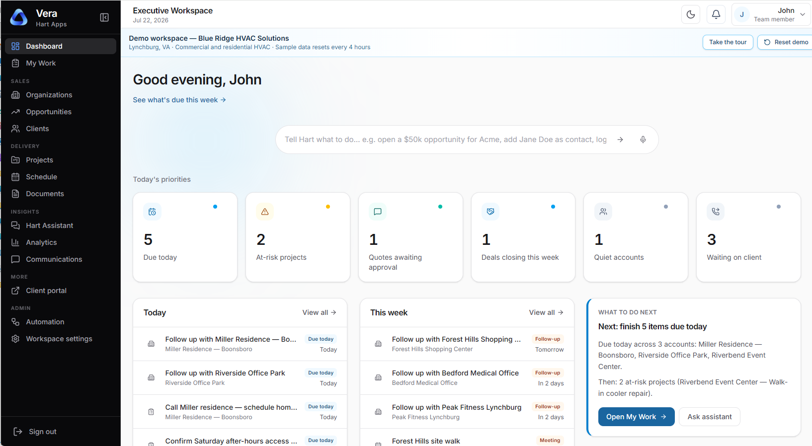 Vera dashboard showing priorities, due work, and what to do next